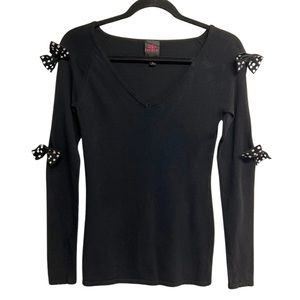 BEBE Bow Rhinestone Cut-Out Long Sleeve Top